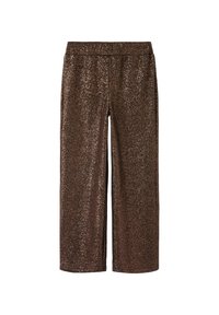Pantalons larges marron en tissu brillant et pailleté avec une texture douce, dotés d'une taille élastique pour un confort optimal.