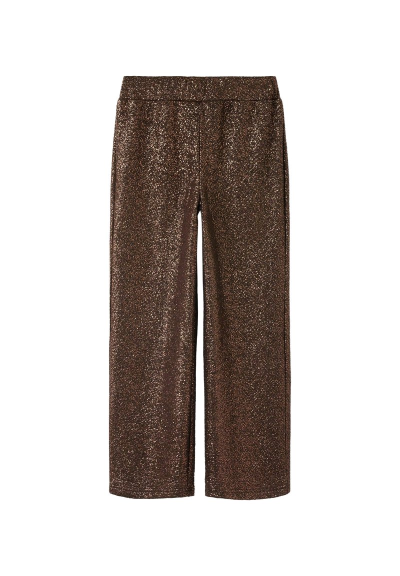 Pantalons larges marron en tissu brillant et pailleté avec une texture douce, dotés d'une taille élastique pour un confort optimal.