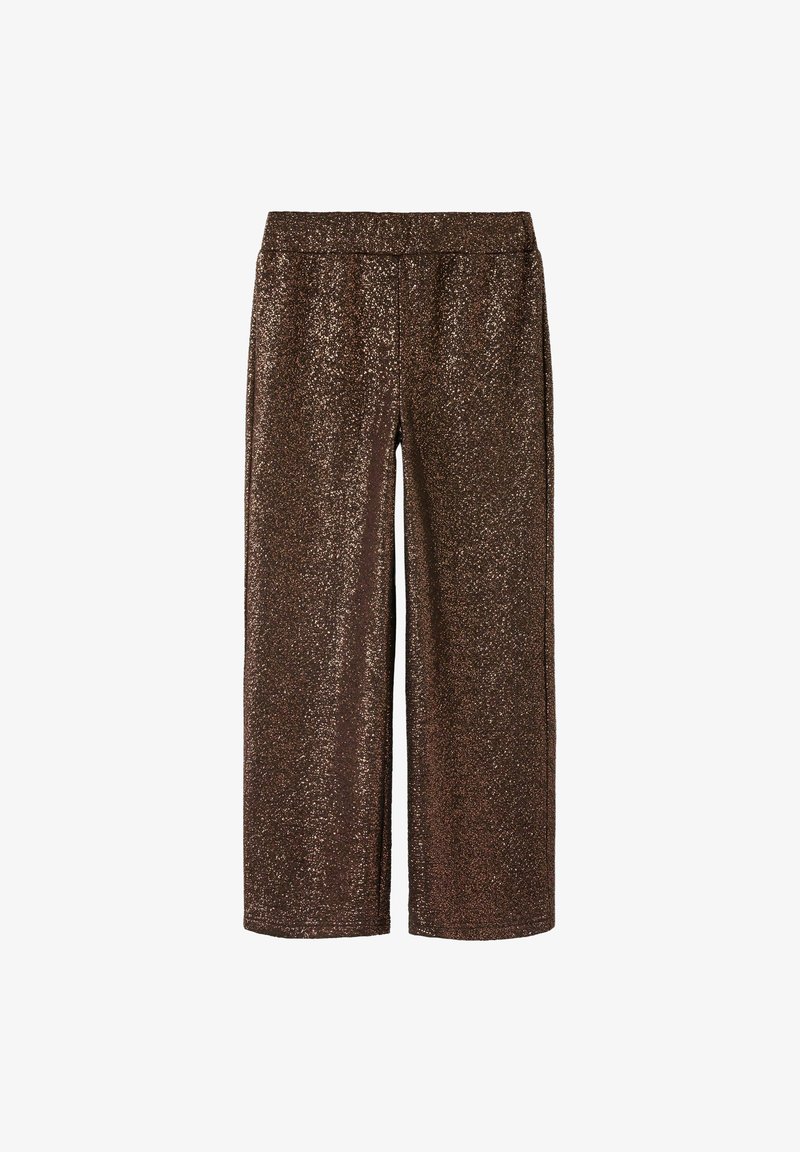 Pantalons larges marron en tissu brillant et pailleté avec une texture douce, dotés d'une taille élastique pour un confort optimal.