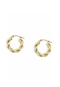 Guldvridna hoops i örhängen med flätad design, rund form och en säker gångjärnslåsning. Slät yta med en glänsande finish.