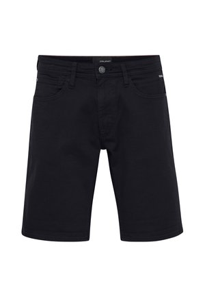 Sorte knælange shorts med bæltestropper, frontknap, lynlås og to frontlommer, vist på hvid baggrund.