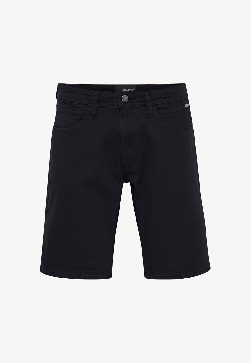 Short noir jusqu’aux genoux avec passants de ceinture, bouton avant, braguette zippée et deux poches avant, présenté sur fond blanc.