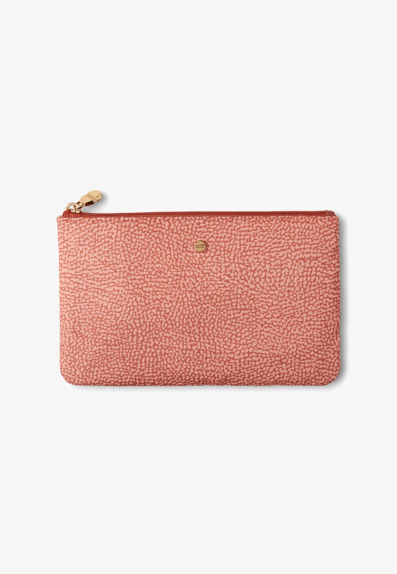 Reißverschlussbeutel aus strukturiertem, hellrosa Material mit einem gesprenkelten Muster und goldenen Hardware-Akzenten. Kompaktes Design für Zubehör oder Dokumente.