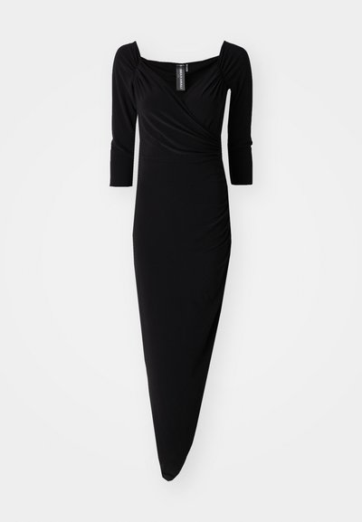 Robe noire à manches longues avec un décolleté carré, des détails froncés et un ourlet asymétrique. Fabriquée à partir d'un matériau lisse et extensible.