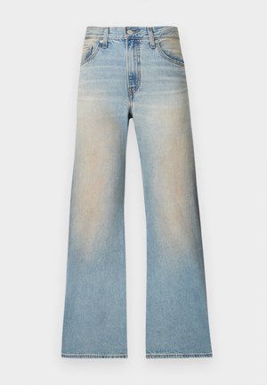 High-waisted light blue denim jeans with wide legs, front button and zipper, and faded areas on thighs and hips.