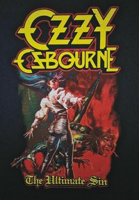 Donna in abiti del XVIII secolo affronta un demone su uno sfondo rosso, con bold giallo che recita "Ozzy Osbourne The Ultimate Sin."
