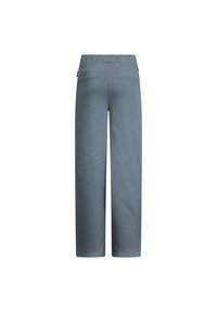 Lichtblauwe wijdvallende broek van een zachte textuur, met een elastische tailleband en twee achterzakken. Het ontwerp heeft een ontspannen silhouet.