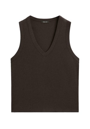 Top senza maniche marrone con scollo a V realizzato in tessuto morbido e leggero. Presenta un design pulito con orlo dritto e cuciture minime.