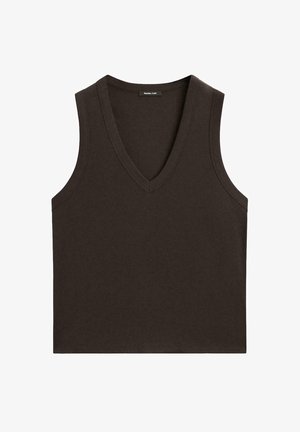 Brązowy top bez rękawów z dekoltem w serek, wykonany z miękkiego, lekkiego materiału. Charakteryzuje się prostym fasonem, prostym dołem i minimalnym przeszyciem.