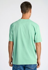 Camiseta de algodón verde menta con cuello redondo y mangas cortas, que presenta una textura suave y un ajuste relajado, vista desde la parte de atrás.