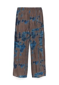 Uitlopende, lichtgewicht broeken van een geplooide, bruine stof met blauwe abstracte patronen, met een elastische tailleband voor comfort.