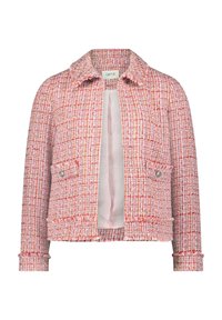 Różowa tweedowa kurtka z kołnierzem, przednimi kieszeniami i teksturowanym wzorem. Posiada miękką podszewkę oraz postrzępione detale u dołu.