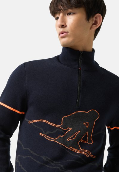Marineblaue Zip-Up-Jacke mit einem orangefarbenen Surf-Silhouette-Design, strukturiertem Stoff und kontrastierenden orangefarbenen Akzenten auf den Schultern.