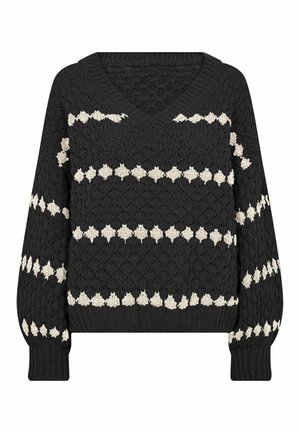 Černý pletený svetr s výstřihem do V, s bílými diamantovými horizontálními pruhy na těle a rukávech, s žebrovanými manžetami a lemem.