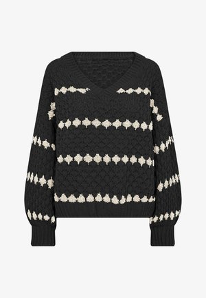 Črna pletena pulover s črnim V-izrezom in belimi diamantastimi vodoravnimi črtami na telesu in rokavih, z rebrastimi manšetami in spodnjim delom.