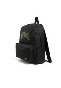 Zaino di tessuto nero con tasca frontale, design grafico testuale verde e spallacci regolabili.
