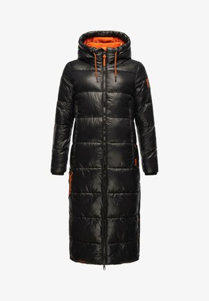 Black padded long coat with a hood, featuring an orange inner lining, front zipper, and two side pockets with orange accents.