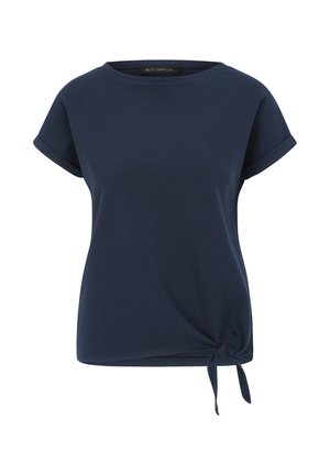 Navy blå kortærmet top med rund hals, der har en knude detalje på venstre forside og en struktureret stof.