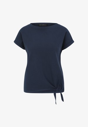 Granatowa bluzka z krótkim rękawem i okrągłym dekoltem, z węzłem z przodu po lewej stronie oraz fakturowanym materiałem.