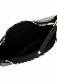 Black leather handbag with a textured finish, gold zipper, and black fabric interior. Features multiple compartments and a flat strap.
