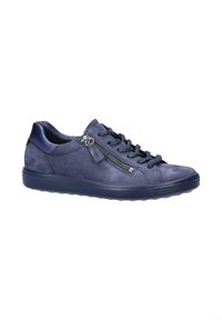 Baskets décontractées pour homme bleu marine avec un laçage à l'avant, fermeture éclair sur le côté et semelle en caoutchouc, présentées sur fond blanc.