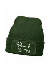 Green ribbed knit beanie with a folded cuff featuring a white embroidered dachshund design on a green patch. Durable and textured material.