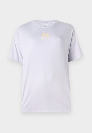 Light lavender cotton t-shirt with round neckline, short sleeves, and a gold graphic print featuring palm trees on the front.