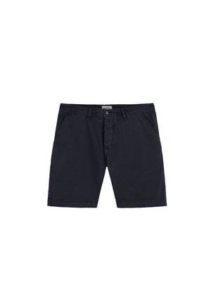 Pantalones cortos de algodón azul marino con botón frontal, cierre de cremallera, presillas para cinturón y dos bolsillos laterales, colocados planos sobre fondo blanco.