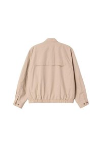 Chaqueta ligera beige con un ajuste relajado, cinturilla elástica, puños abotonados y un detalle en la parte posterior. Textura suave y ligeramente brillante.