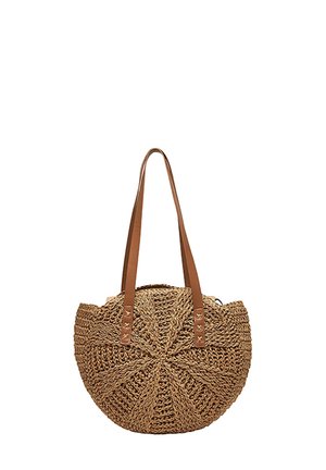Borsa a tracolla rotonda in paglia intrecciata con manici in pelle, caratterizzata da un motivo testurizzato, colore beige naturale e un design con cima arricciata.