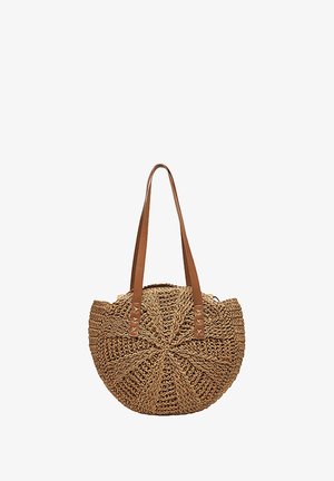 Borsa a tracolla rotonda in paglia intrecciata con manici in pelle, caratterizzata da un motivo testurizzato, colore beige naturale e un design con cima arricciata.