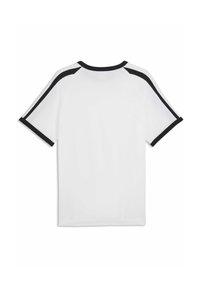 T-shirt blanc avec des accents noirs sur les épaules et les manches, doté d'un col rond et de manches courtes. Texture de tissu lisse.