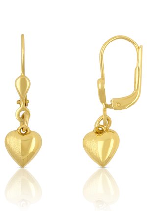 Goldene Ohrstecker in Herzform mit einer polierten und strukturierten Oberfläche, ausgestattet mit Klappverschluss für sicheren Halt. Reflektierende Oberfläche.