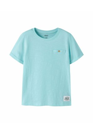 Light blue short-sleeve T-shirt with small buttoned chest pocket and white rectangular label near hem.