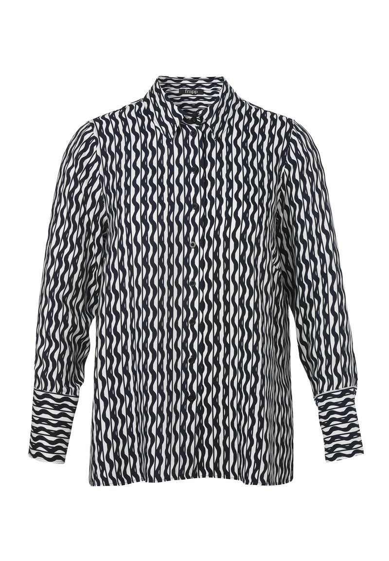 Langärmliges Hemd mit Knopfleiste aus Stoff mit einem Zickzackmuster in Marineblau und Weiß. Klassischer Kragen, Knopfverschluss und geknöpfte Ärmel.