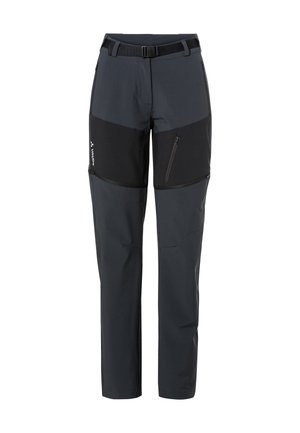 Pantalons d'extérieur pour hommes en gris foncé et noir, dotés d'une ceinture, de poches zippées et d'un mélange de matériaux softshell et stretch.