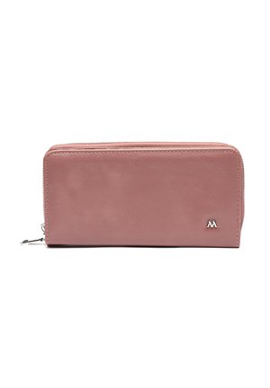 Rectangular dusty pink leather zip-around wallet with silver brand logo on the lower right corner and a zipper pull on the left side.