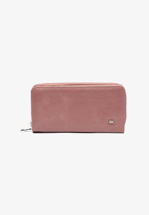 Rectangular dusty pink leather zip-around wallet with silver brand logo on the lower right corner and a zipper pull on the left side.