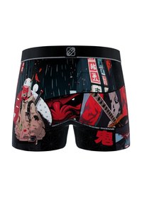 Boxer avec un design anime urbain sombre comprenant un visage de démon rouge, un sabre de samouraï, des caractères japonais et un personnage portant un masque et une veste.