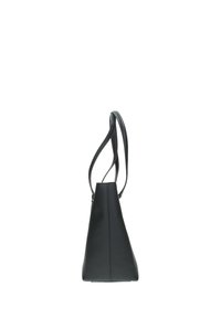 Borsa a tracolla nera in pelle con forma triangolare, dotata di due manici lunghi e chiusura a zip. Texture liscia, design minimalista.