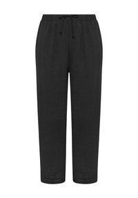 Mustat collegehousut, joissa on elastinen vyötärö ja säädettävä nauha. Valmistettu pehmeästä kankaasta, jossa on kapeneva malli eikä näkyviä taskuja.