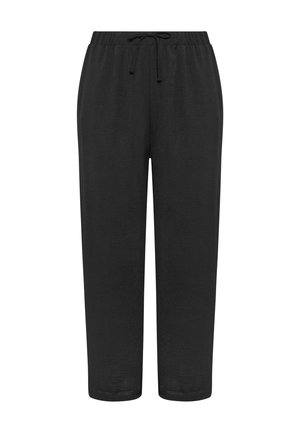 Pantalones de chándal negros con cintura elástica y cordón ajustable. Fabricados con un tejido suave, presentan un diseño entallado y sin bolsillos visibles.