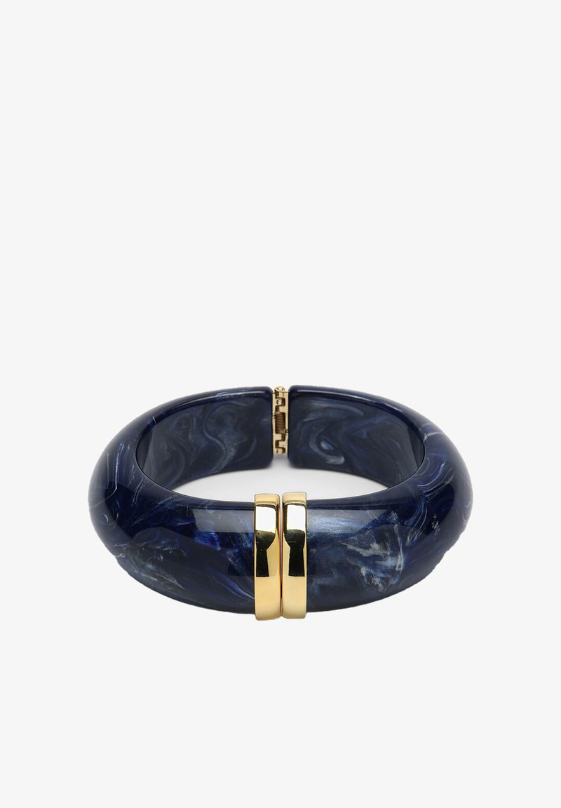 Navy blue marbled resin bracelet with a smooth surface, featuring two gold-toned metal accents at the closure. Circular design.