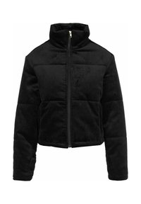 Czarna kurtka z kordurowego materiału z wysokim kołnierzem, zamkiem błyskawicznym i prążkowaną fakturą. Posiada pikowaną konstrukcję i proste rękawy.