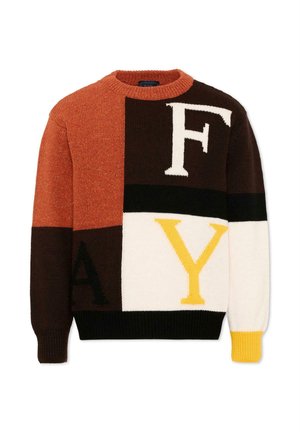 Maglione in maglia grossa con blocchi di colore in ruggine, marrone, nero, bianco e giallo con grandi lettere F, A e Y sul davanti e sulle maniche.