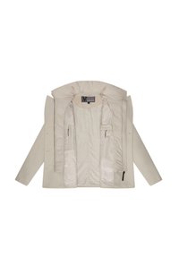 Veste beige avec une couche extérieure texturée et une doublure intérieure lisse, dotée d'un col haut, de zips visibles et de poches intérieures.