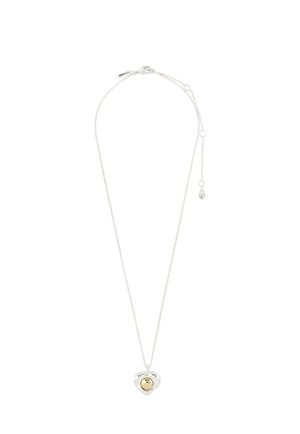 Silver chain necklace with heart-shaped pendant featuring a polished gold-tone spherical center and lobster clasp with adjustable links.