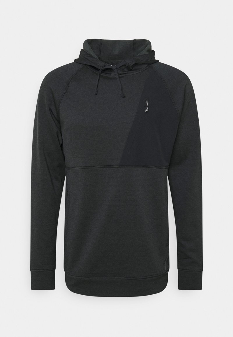 Sweat à capuche en tissu gris foncé ; comprend un panneau noir, une capuche avec cordon et des poignets côtelés. Design minimaliste avec un accent logo.