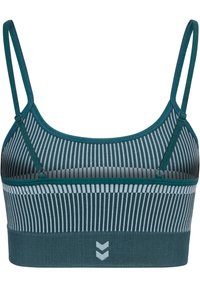Sujetador deportivo a rayas en color aqua con finas tirantes ajustables. Textura acanalada, banda sólida en la parte inferior con un pequeño logo.