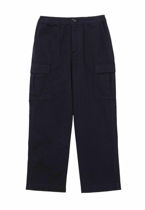 Marineblaue Cargohosen aus Baumwolle, mit elastischem Bund, zwei Seitentaschen und zwei vorderen Cargotaschen.